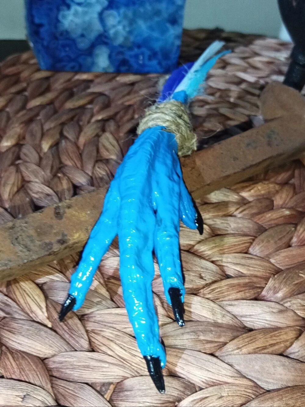 Blue Chicken Foot Amulet | Handcrafted Folk Art Talisman | Feather Curio